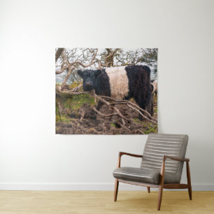 Belted Galloway Cow Standing by Fallen Tree  Tapestry