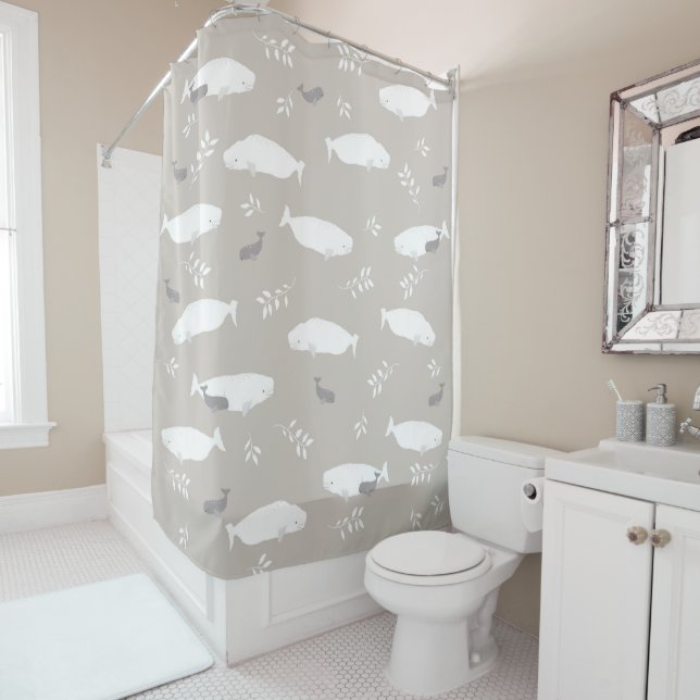 Beluga Baby Whale On Pastel Grey Illustration Shower Curtain (In Situ)