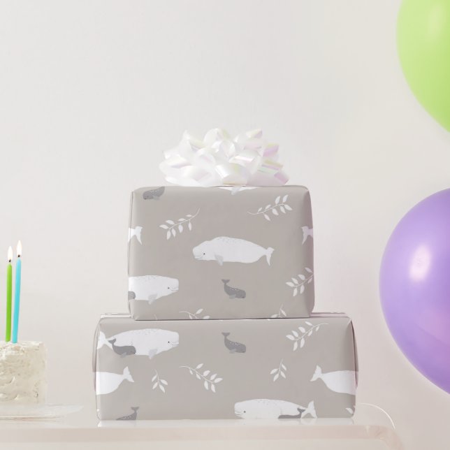 Beluga Baby Whale On Pastel Grey Illustration Wrapping Paper (Party Gifts)