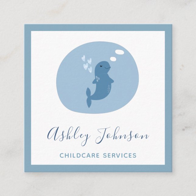 Beluga Baby Whale Pastel Blue Childcare Babysitter Square Business Card (Front)