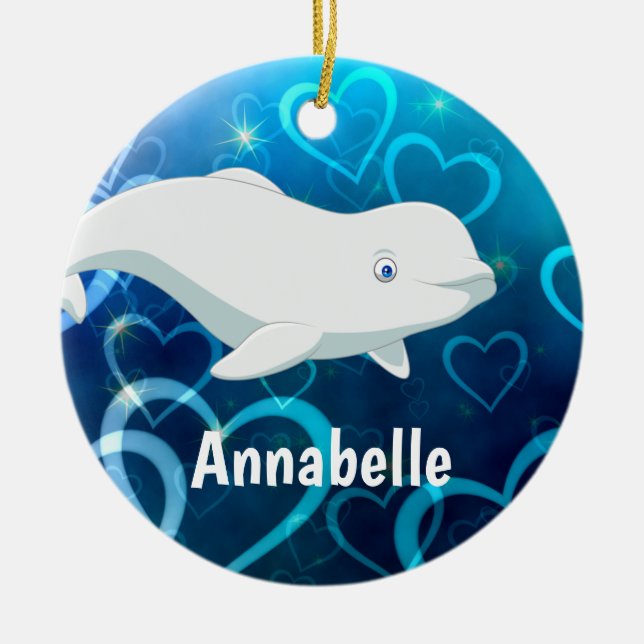 Beluga Whale and Blue Hearts Arctic Christmas Ceramic Ornament (Front)