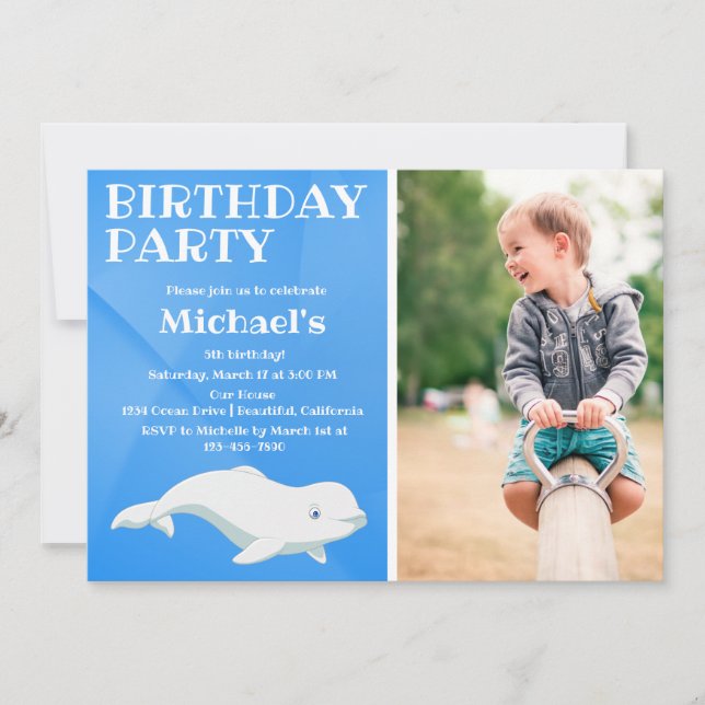 Beluga Whale Blue Arctic Ocean Photo Birthday Invitation (Front)