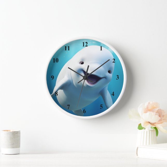Beluga Whale Cartoon Blue Green Arctic Ocean  Clock (Home)