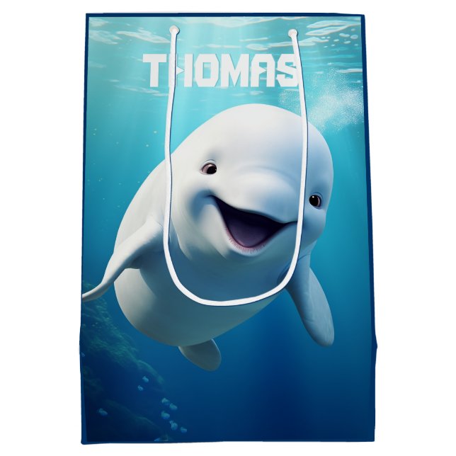 Beluga Whale Cartoon Blue Green Arctic Ocean  Medium Gift Bag (Back)