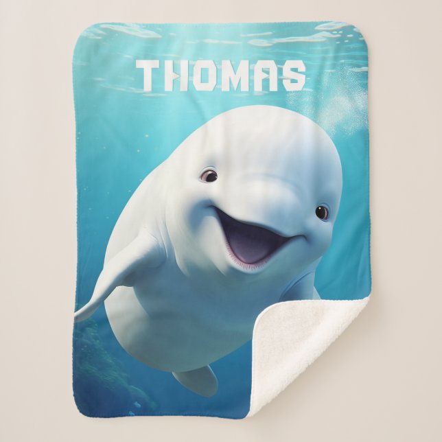 Beluga Whale Cartoon Blue Green Arctic Ocean  Sherpa Blanket (Front)