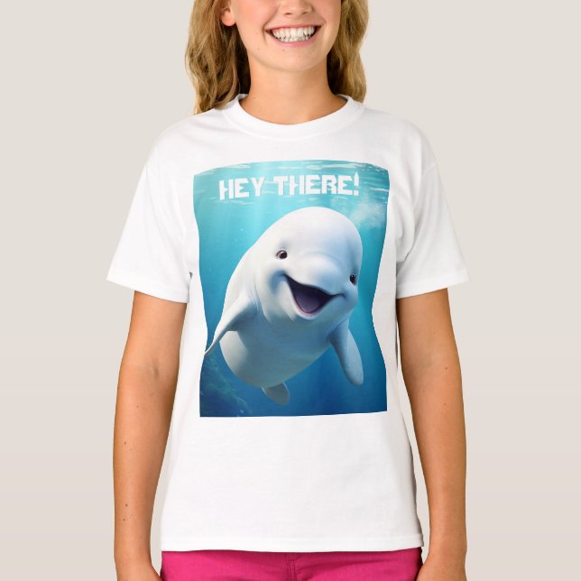Beluga Whale Cartoon Blue Green Arctic Ocean  T-Shirt (Front)