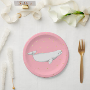 Beluga Whale Illustration Dots Pink Paper Plate