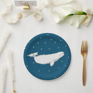 Beluga Whale Illustration Gold Dots Navy Blue Paper Plate
