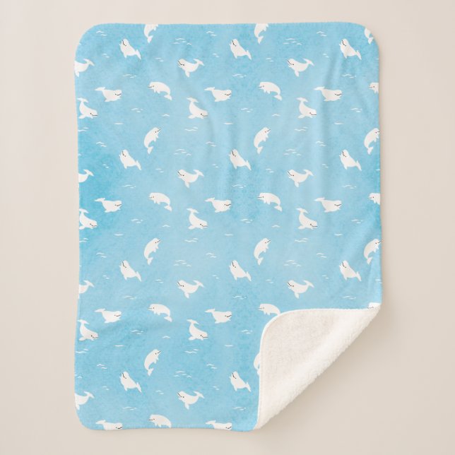 Beluga Whale Pattern in Ocean Blue Sherpa Blanket (Front)