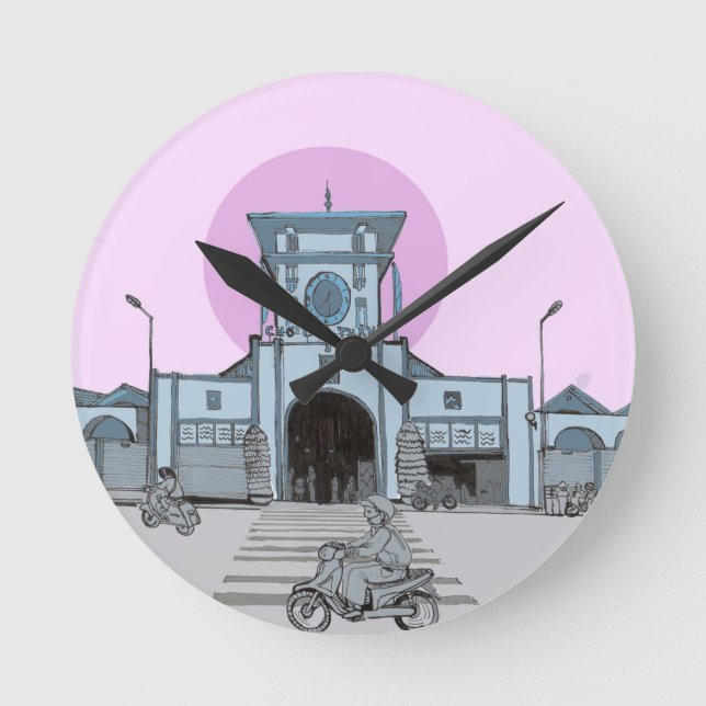 Ben Thanh Market Saigon Vietnam Illustration Round Clock (Front)