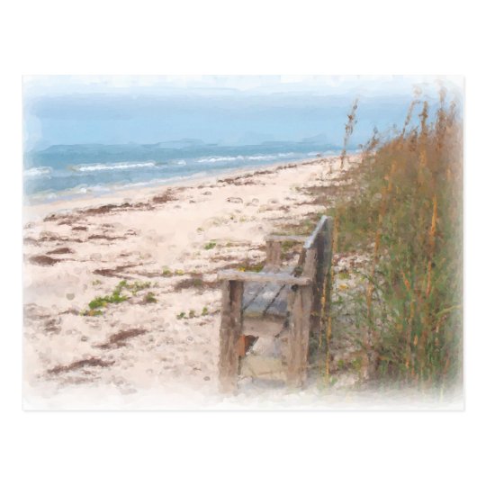 Bench at the Beach Watercolor Painting Postcard