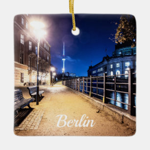 Benches near Spree river in Berlin, Germany Ceramic Ornament