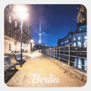 Benches near Spree river in Berlin, Germany Square Sticker
