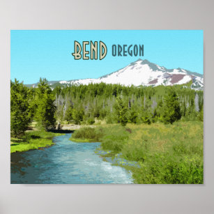 Bend Oregon Mountain River Forest Vintage Poster