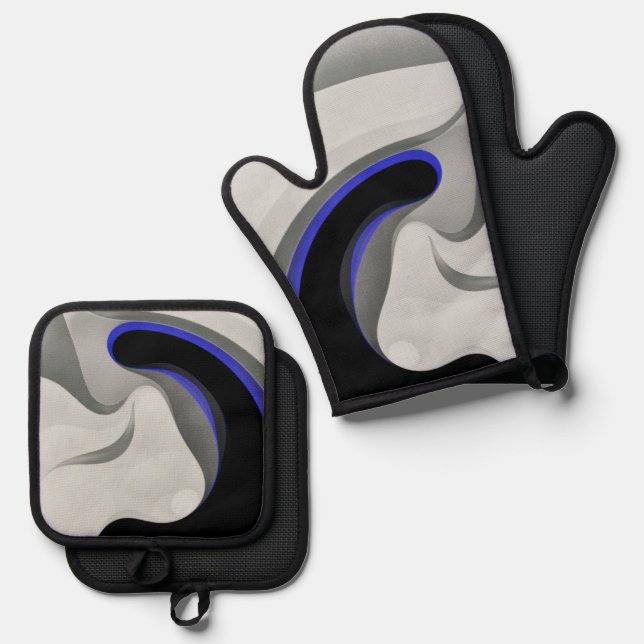 Beneath the Blue: Abstract Grey, Black & Blue Oven Mitt & Pot Holder Set (Front/Back)