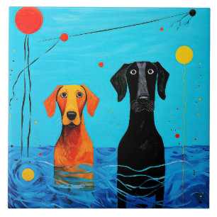 Beneath the Blue Horizon -  Surreal Colourful Dogs Ceramic Tile