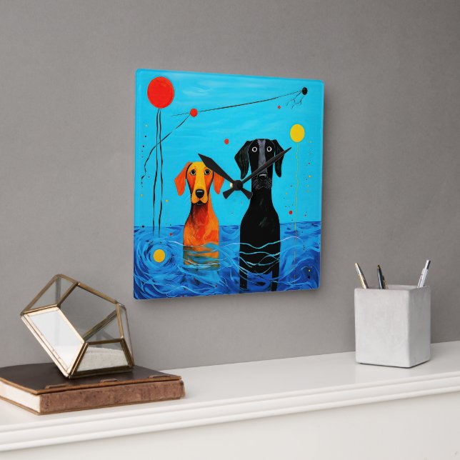 Beneath the Blue Horizon -  Surreal Colourful Dogs Square Wall Clock (Office)