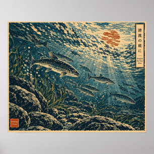 Beneath the Clear River – Japanese Woodblock Style Poster