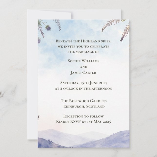 Beneath the Highland Skies Wedding Invite (Front)