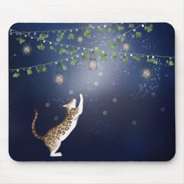 Bengal Cat and Fireflies and Lanterns  Mouse Pad (Front)