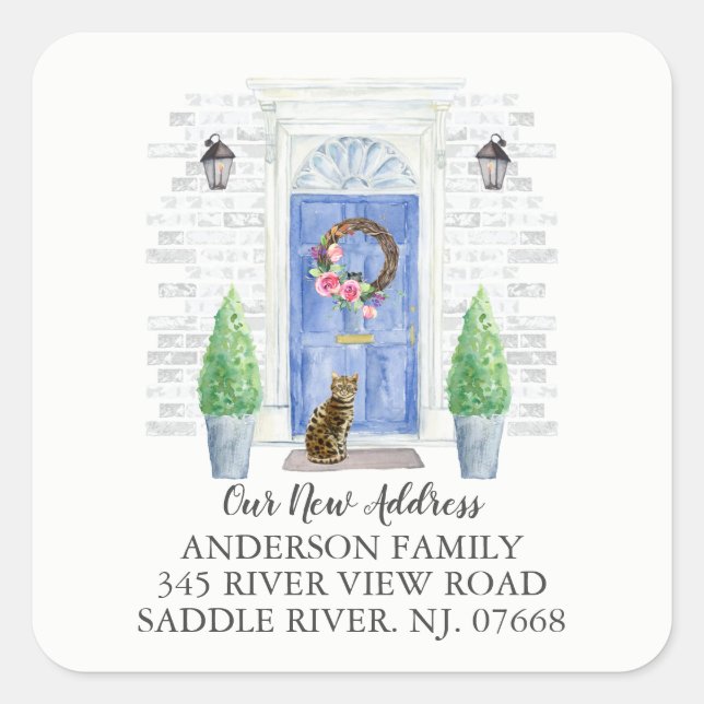 Bengal Cat Blue Door New Address Label Sticker (Front)