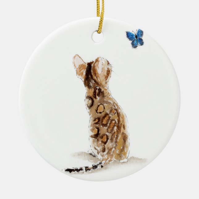 Bengal Cat  & Butterfly Ceramic Ornament (Front)