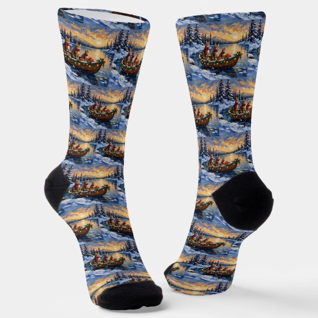 Bengal Cat Christmas Boat Holiday Socks (Angled)