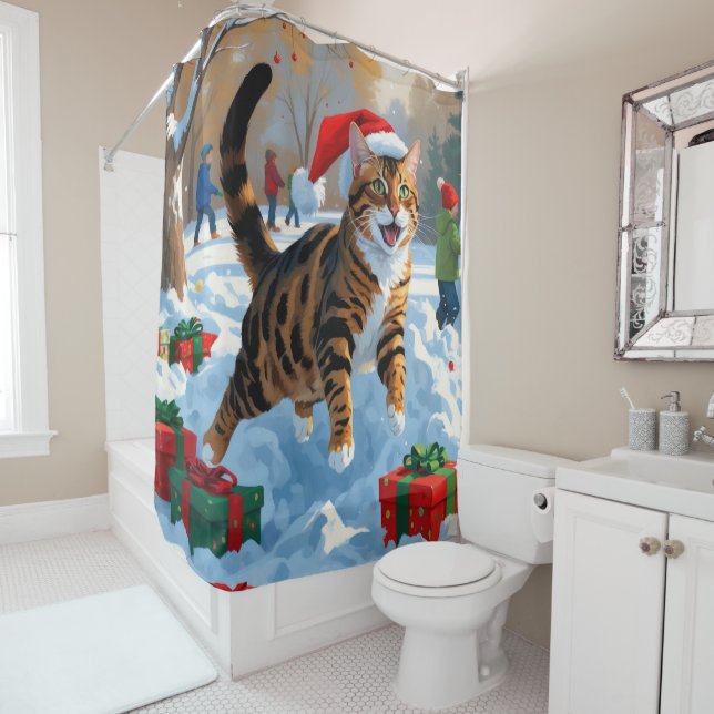 Bengal Cat Christmas Festive Snow Scene Shower Curtain (In Situ)