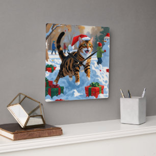 Bengal Cat Christmas Festive Snow Scene Square Wall Clock