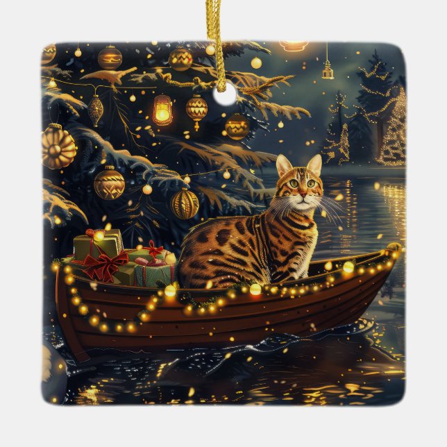 Bengal Cat Christmas Festive Voyage Ceramic Ornament (Front)