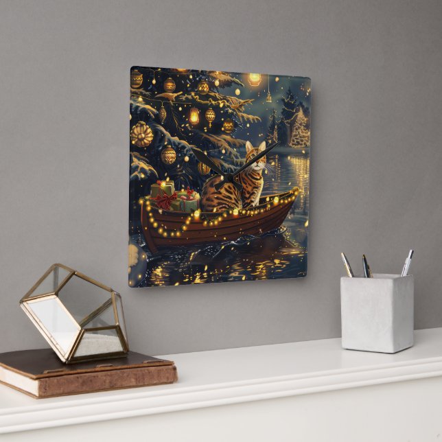 Bengal Cat Christmas Festive Voyage Square Wall Clock (Office)