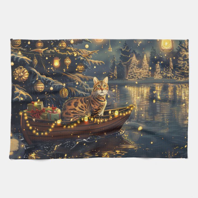 Bengal Cat Christmas Festive Voyage Tea Towel (Horizontal)