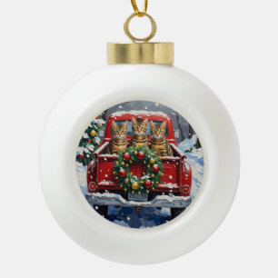 Bengal Cat Christmas Red Truck Holiday Ceramic Ball Christmas Ornament
