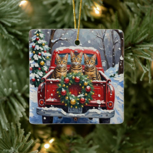 Bengal Cat Christmas Red Truck Holiday Ceramic Ornament