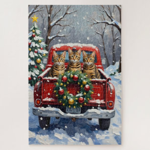 Bengal Cat Christmas Red Truck Holiday Jigsaw Puzzle