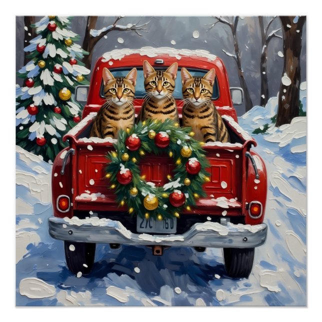 Bengal Cat Christmas Red Truck Holiday Poster (Front)