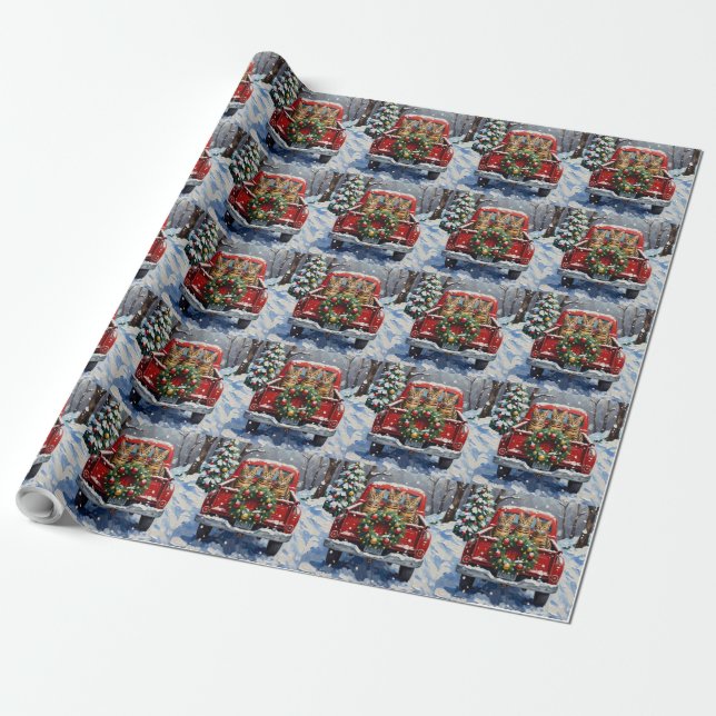 Bengal Cat Christmas Red Truck Holiday Wrapping Paper (Unrolled)