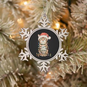 Bengal Cat Christmas Tree Lights Santa Hat Xmas Snowflake Pewter Christmas Ornament
