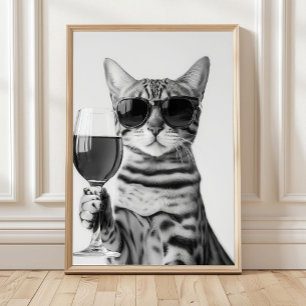 Bengal Cat Drinking Wine Wall Art, Black and White Poster