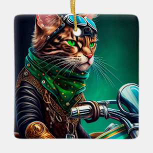 Bengal Cat driving bike St. Patrick's Day Ceramic Ornament