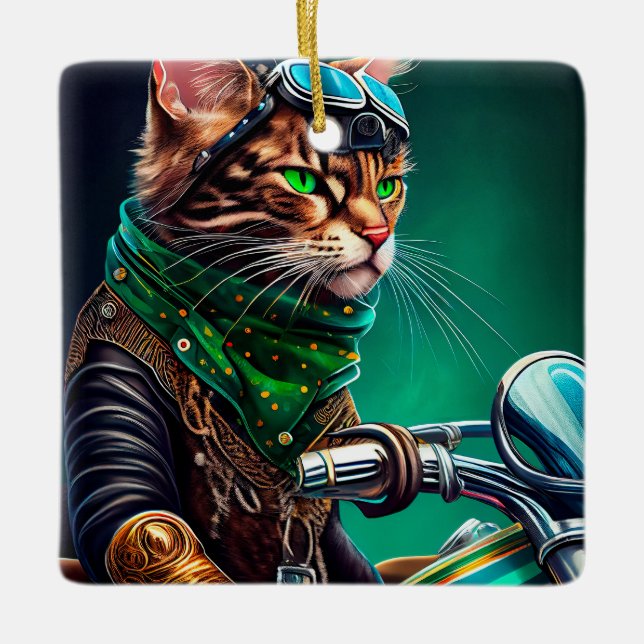 Bengal Cat driving bike St. Patrick's Day Ceramic Ornament (Front)