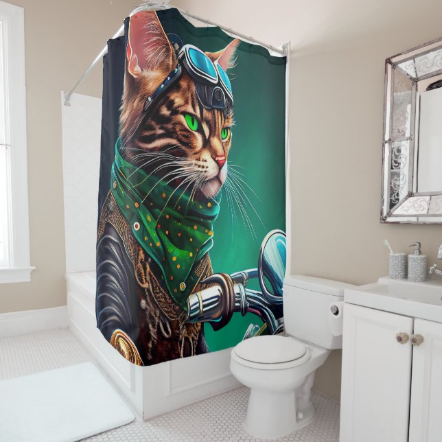 Bengal Cat driving bike St. Patrick's Day Shower Curtain (In Situ)