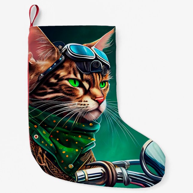 Bengal Cat driving bike St. Patrick's Day Small Christmas Stocking (Front)