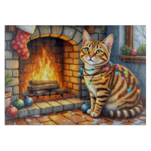 Bengal Cat Fireplace with Christmas Lights Cutting Board