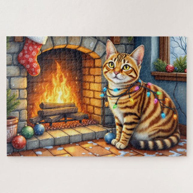 Bengal Cat Fireplace with Christmas Lights Jigsaw Puzzle (Horizontal)