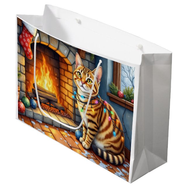 Bengal Cat Fireplace with Christmas Lights Large Gift Bag (Front Angled)
