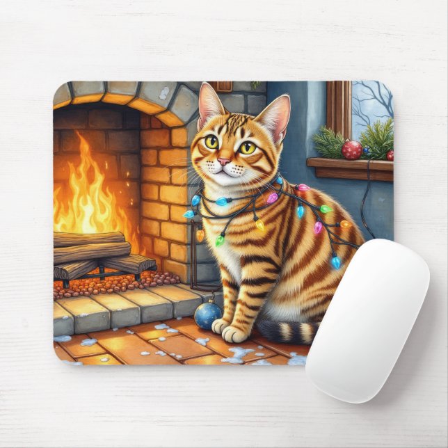 Bengal Cat Fireplace with Christmas Lights Mouse Pad (With Mouse)