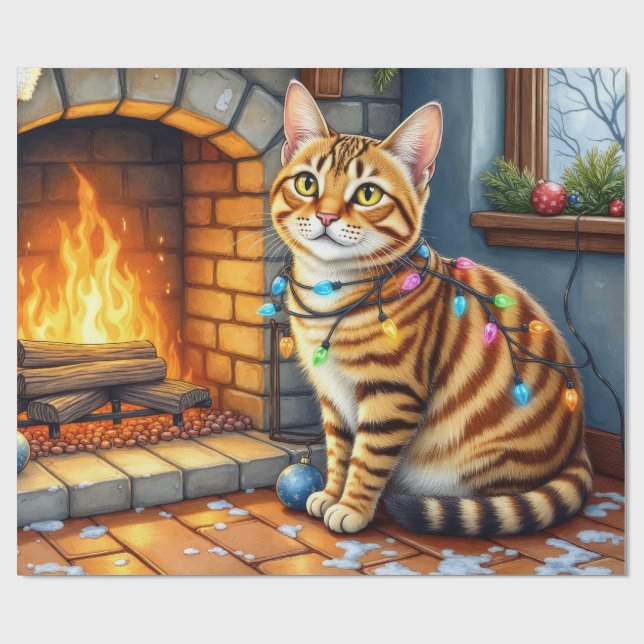 Bengal Cat Fireplace with Christmas Lights Wrapping Paper (Flat)