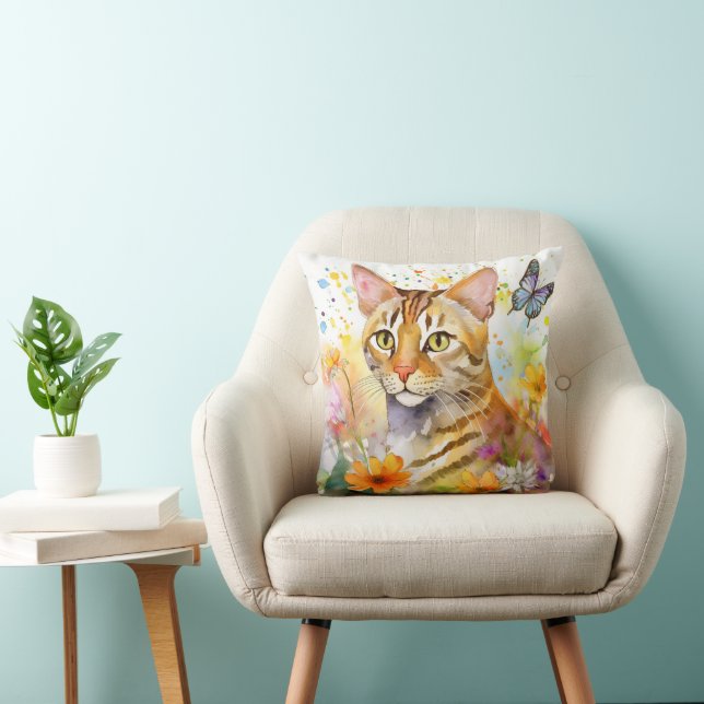 Bengal Cat Floral Design Pillow (Chair)