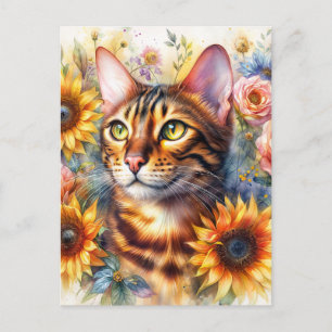 Bengal Cat Floral Portrait Art Postcard